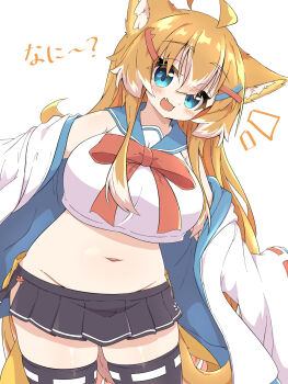 1girl ahoge animal_ear_fluff animal_ears aqua_eyes belly black_skirt black_thighhighs blue_sailor_collar bow bowtie breasts commentary_request cowboy_shot cropped_shirt dog_ears dog_girl dog_tail fang groin hair_between_eyes hair_ornament hairclip haru_(toramaru2001710) highres jacket jacket_partially_removed large_breasts light_blush long_hair looking_at_viewer miniskirt multicolored_hair navel open_clothes open_jacket open_mouth orange_hair original pleated_skirt red_bow red_bowtie red_ribbon ribbon ribbon-trimmed_sleeves ribbon-trimmed_thighhighs ribbon_trim sailor_collar shirt side_slit sidelocks simple_background skin_fang skirt sleeveless sleeveless_shirt smile solo tail thighhighs toramaru2001710 two-tone_hair very_long_hair white_background white_hair white_jacket white_shirt wide_sleeves x_hair_ornament zettai_ryouiki