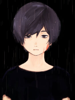 1boy bandoutan black_eyes black_hair blood blood_on_face closed_mouth commentary_request expressionless freckles highres kuji_toi looking_at_viewer male_focus nostrils outdoors rain sarazanmai shirt short_hair short_sleeves solo upper_body