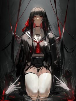 1girl absurdres artist_name black_choker black_hair black_jacket black_shirt black_skirt breasts chisa_(wuthering_waves) choker commentary english_commentary english_text hair_ribbon highres jacket lewdlily66 long_hair looking_at_viewer medium_breasts red_eyes red_ribbon ribbon sailor_collar shirt skirt solo white_sailor_collar wuthering_waves
