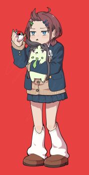 1girl ahoge animal_request awa_subaru ayataka_syumimi blue_eyes blue_jacket blue_nails brown_cardigan brown_hair brown_shoes cardigan commentary full_body girls_band_cry green_nails highres holding holding_poke_ball holding_pokemon iseri_nina jacket leg_warmers long_sleeves low_twintails nail_polish nintendo pink_nails poke_ball pokemon pokemon_(creature) pokemon_xy red_background red_eyes shoes short_hair short_twintails simple_background symbol-only_commentary twintails upper_body white_leg_warmers