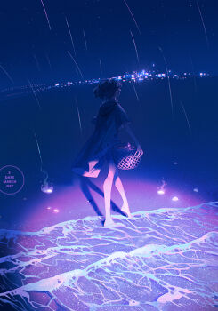 1girl barefoot beach cityscape loika night ocean original walking