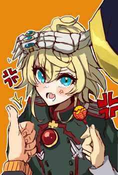 1girl ahoge ainz_ooal_gown anger_vein blonde_hair blue_eyes blush candy chupa_chups crossover fang food hair_between_eyes headpat isekai_quartet jewelry kono_subarashii_sekai_ni_shukufuku_wo! lollipop long_sleeves looking_at_viewer military military_uniform multiple_rings natsuki_subaru open_mouth orange_background overlord_(maruyama) re:zero_kara_hajimeru_isekai_seikatsu ring sakusan_yousoeki satou_kazuma short_hair simple_background skeleton skin_fang solo_focus tanya_degurechaff thumbs_up wide_sleeves youjo_senki
