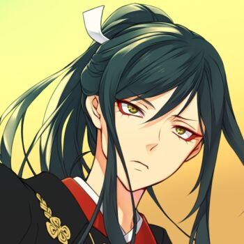 Rule 34 | 1boy, black kimono, commentary request, eyeliner, green hair, hair ribbon, japanese clothes, kimono, long hair, looking at viewer, makeup, male focus, masami (souzou jinsei sanka), ponytail, red eyeliner, ribbon, sidelocks, simple background, solo, tarou tachi, touken ranbu, white ribbon, yellow background, yellow eyes