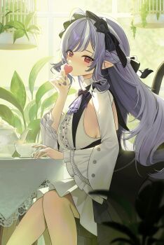 1girl absurdres ahoge ascot birdcage black_bow black_dress black_hair black_hairband blurry blurry_background blush bow bow_hairband bowtie braid breasts buttons cage center_frills chair commentary covered_mouth cup day dress feet_out_of_frame fingernails frills grey_nails hair_bow hairband half_up_braid hand_on_table hands_up heart highres holding holding_heart indoors knees_together_feet_apart laevan large_breasts light_particles long_hair long_sleeves looking_at_viewer looking_to_the_side mole mole_under_eye multicolored_hair nail_polish on_chair plant pointy_ears purple_ascot purple_bow purple_bowtie purple_hair red_eyes sideboob sitting solo streaked_hair table teacup teapot two-tone_dress very_long_hair vivian_banshee white_dress white_streaks wide_sleeves window zenless_zone_zero