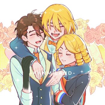 1other 2boys arm_around_shoulder black_jacket blonde_hair blue_jacket blue_vest blush bow bowtie brown_hair closed_eyes closed_mouth collared_shirt dr._stone drill_hair fangs floral_background flower formal_clothes francois_(dr._stone) gloves hair_between_eyes hashtag-only_commentary highres hug jacket kanmi_(kanmiland) long_sleeves lower_teeth_only male_focus medium_hair multiple_boys nanami_ryuusui nanami_sai necktie open_mouth orange_bow orange_bowtie orange_necktie rose shirt short_hair smile sparkle teeth upper_body vest white_gloves white_shirt