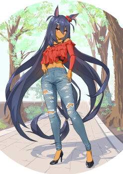 1girl absurdres animal_ears black_footwear black_hair bocchi_(kuropom7) breasts commentary_request denim frilled_shirt frills full_body hair_between_eyes hair_ornament hairclip high_heels highres hishi_amazon_(casual)_(umamusume) hishi_amazon_(umamusume) horse_ears horse_girl horse_tail jeans long_hair medium_breasts midriff navel off-shoulder_shirt off_shoulder official_alternate_costume outdoors pants path red_eyes red_shirt road shadow shirt solo tail torn_clothes torn_jeans torn_pants tree umamusume very_long_hair