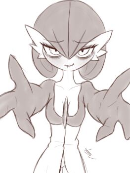 1girl biting_own_lip breasts gardevoir gen_3_pokemon highres hug large_breasts looking_at_viewer meme nintendo non-web_source original pogchamp pokemon self-upload solo tsuicaa