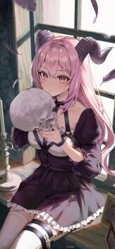 1girl ay6as black_dress black_horns blush bracelet breasts candle candlestand chest_strap closed_mouth collarbone cowboy_shot dagger day dress falling_feathers feathers frilled_skirt frills grey_nails hair_between_eyes hands_up highres holding holding_skull horns indoors jewelry juliet_sleeves knife long_hair long_sleeves looking_at_viewer medium_breasts nail_polish o-ring original picture_frame pink_hair puffy_sleeves red_eyes revision signature sitting skirt skull solo sunlight thigh_strap thighhighs weapon white_thighhighs window