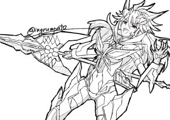 Rule 34 | 1girl, :d, amou kanade, armor, claws, commentary request, covered navel, double-parted bangs, greyscale, hair between eyes, hatching (texture), headgear, highres, holding, holding polearm, holding weapon, huge weapon, kyomeihibiki, linear hatching, lineart, long hair, monochrome, open mouth, polearm, red eyes, senki zesshou symphogear, simple background, smile, solo, spear, spot color, twitter username, upper body, very long hair, weapon, white background