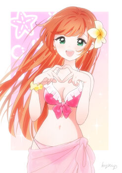 Rule 34 | 1girl, :d, artist name, bikini, border, breasts, cleavage, cowboy shot, floating hair, flower, four-finger heart hands, gradient background, green eyes, hair flower, hair ornament, heart, heart hands, hirogaru sky! precure, kyanos (b 0000ff), long hair, navel, nijigaoka mashiro, open mouth, orange hair, pink sarong, precure, sarong, scrunchie, small breasts, smile, solo, stomach, swimsuit, teeth, upper teeth only, white flower, wrist scrunchie