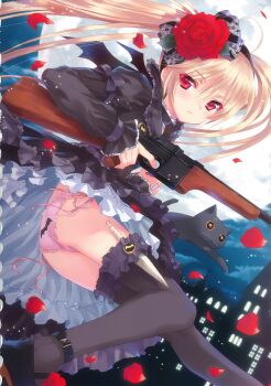 1girl absurdres bat_wings black_thighhighs blonde_hair blush bow cat colored_eyelashes dagger dress female_focus flower frilled_thighhighs frills full_moon gothic_lolita gun hair_bow hairband handgun highres kasukabe_akira knife lolita_fashion long_hair looking_at_viewer looking_back mauser_c96 moon panties pantyshot petals pink_panties pistol print_panties red_eyes rose side-tie_panties solo thigh_strap thighhighs twintails underwear weapon wings