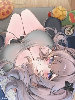 1girl :o azur_lane blue_eyes blush breasts cleavage clio_(mssclio) commentary commission controller english_commentary food game_controller green_shirt grey_hair hair_between_eyes hair_ornament highres intrepid_(azur_lane) large_breasts looking_at_viewer pizza pov shirt sidelocks signature sitting sitting_on_lap sitting_on_person thighs two_side_up