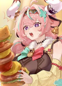 1girl ^^^ ahoge animal_ears aqua_hair arm_bow artist_name bandaid bandaid_on_cheek bandaid_on_face bandaid_on_horn bell bell_earrings blush bow commentary cow_ears cow_girl cow_horns detached_sleeves earrings food fur_trim genshin_impact hair_between_eyes hairband highres holding holding_food horns jewelry long_hair looking_at_food multicolored_hair multicolored_hairband open_mouth pink_hair purple_eyes red_bow solo streaked_hair suwa_(swk_kkk) sweatdrop teeth upper_body varesa_(genshin_impact) watermark white_horns yellow_sleeves