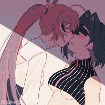 2girls absurdres alternate_breast_size_(smaller) black_hair black_shirt black_skirt blush breasts brown_hair commentary covering_another's_eyes crop_top earrings fangs gloves hair_intakes highres hololive hololive_english hydroxyl imminent_kiss jewelry long_hair looking_at_another medium_breasts multiple_girls nanashi_mumei nanashi_mumei_(1st_costume) ouro_kronii ouro_kronii_(1st_costume) partially_fingerless_gloves ponytail shirt short_hair skin_fangs skirt sleeveless sleeveless_shirt underboob virtual_youtuber white_shirt yuri