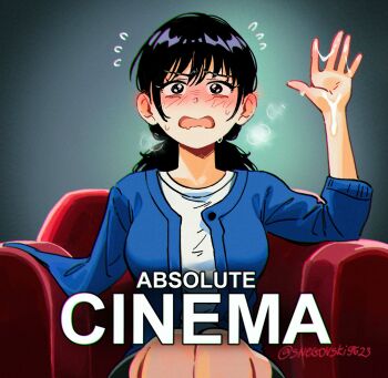 1girl absolute_cinema_(meme) amputee armchair artist_name black_eyes black_hair blue_cardigan blush cardigan chainsaw_man chainsaw_man&#039;s_handjob_scene chair cum cum_on_body cum_on_hands flying_sweatdrops highres meme missing_limb mitaka_asa nose_blush shirt sitting snegovski solo twitter_username white_shirt