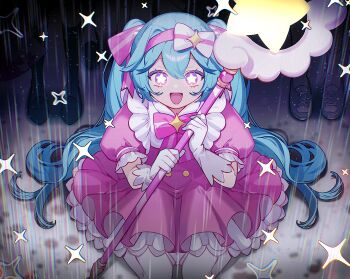 1girl :d black_shoes blue_hair blue_shoes bow_hairband commentary_request double-parted_bangs dress enma614_(patidonn) frilled_dress frills full_body gloves hairband hatsune_miku holding holding_wand ima_sugu_rinne_(vocaloid) long_hair looking_at_viewer magical_girl open_mouth pink_dress pink_hairband rain shoes short_sleeves sitting smile sneakers solo sparkle thighhighs twintails very_long_hair vocaloid wand white_gloves white_thighhighs