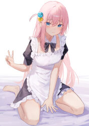 Rule 34 | 1girl, absurdres, apron, barefoot, black dress, blue eyes, blue ribbon, bocchi the rock!, breasts, closed mouth, commentary request, cube hair ornament, detached collar, dress, full body, gotoh hitori, hair ornament, highres, lizard0221, long hair, looking at viewer, maid, maid apron, medium breasts, neck ribbon, one side up, pink hair, puffy short sleeves, puffy sleeves, ribbon, short sleeves, sitting, solo, v, wariza
