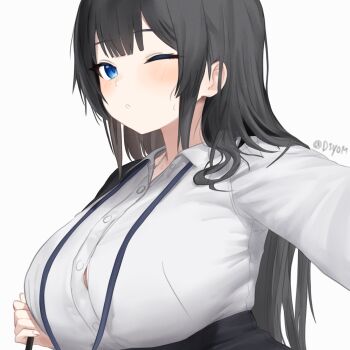 1girl black_hair black_skirt blue_eyes blunt_bangs blush breasts button_gap buttons collared_shirt commentary_request d5y0m fingernails grey_background hands_up high-waist_skirt highres holding_strap korean_commentary lanyard large_breasts long_hair long_sleeves looking_at_viewer one_eye_closed parted_lips reaching reaching_towards_viewer shirayuki_hina shirt shirt_tucked_in simple_background skirt solo stellive sweatdrop twitter_username upper_body virtual_youtuber white_shirt