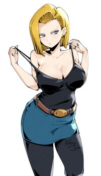 1girl android_18 belt black_pantyhose black_tank_top blonde_hair blue_eyes blue_skirt breasts brown_belt cleavage cowboy_shot dragon_ball dragonball_z earrings highres jewelry large_breasts miniskirt pantyhose pencil_skirt relaxjon short_hair simple_background skirt solo strap_pull tank_top white_background