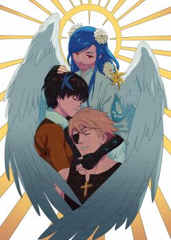 1boy 2girls absurdres angel_wings ashensol black_hair blonde_hair blue_hair blue_streaks dizzy_(guilty_gear) eyepatch fingerless_gloves flower gloves guilty_gear guilty_gear_strive guilty_gear_strive:_dual_rulers hair_flower hair_ornament hand_on_another&#039;s_head highres hug mother_and_daughter mother_and_son multicolored_hair multiple_girls parent_and_child queen_dizzy red_eyes sin_kiske streaked_hair unika_(guilty_gear) upper_body wings