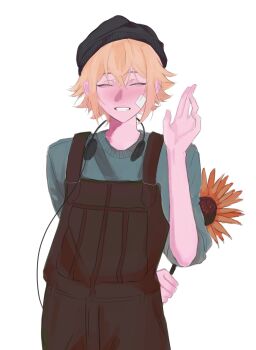 Rule 34 | 1boy, absurdres, alternate costume, arm behind back, bandaid, bandaid on cheek, bandaid on face, basil (faraway) (omori), basil (omori), black hat, blonde hair, brown overalls, closed eyes, commentary, english commentary, flower, futo (tofuutoufofuto), green sweater, grin, hat, headphones, headphones around neck, highres, holding, holding flower, male focus, omori, open mouth, overalls, short hair, simple background, smile, solo, sunflower, sweater, teeth, upper body, white background