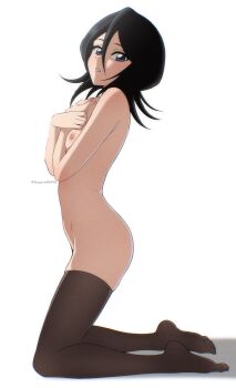 1girl absurdres artist_name ass black_hair black_thighhighs bleach breasts commentary commission crossed_arms english_commentary from_side full_body groin hair_between_eyes hands_on_own_chest highres kagironsfw kneeling kuchiki_rukia long_bangs medium_hair nipples nude parted_lips purple_eyes shadow signature simple_background skindentation small_breasts solo thighhighs toes white_background