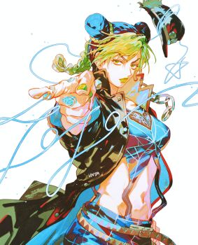 1girl black_coat black_hat blue_pants blue_shirt braid braided_ponytail breasts bun_with_braided_base coat cosplay double_bun green_eyes green_hair green_lips green_nails hair_bun hat jojo_no_kimyou_na_bouken jojo_pose kujo_jotaro&#039;s_pose kujo_jotaro_(cosplay) kuujou_jolyne kuujou_joutarou medium_breasts navel pants pointing shirt simple_background solo stand_(jojo) stone_free stone_ocean sues thread white_background