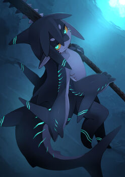 1girl aqua_eyes body_markings breasts colored_sclera colored_skin extra_arms fewer_digits fins fish_tail furry furry_female gills glowing glowing_eyes glowing_markings grey_skin highres holding holding_weapon kamukamu6392 macuahuitl monster_girl multicolored_skin original oversized_forearms oversized_limbs shark_fin shark_girl shark_tail small_breasts solo tail two-tone_skin underwater weapon yellow_sclera