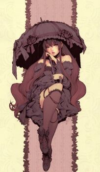 Rule 34 | 1girl, bare shoulders, black eyes, bow, bow flower, breasts, curled up, curly ends, dress, flower, frilled dress, frilled skirt, frilled sleeves, frills, gothic lolita, holding, holding umbrella, jasmin darnell, kneehighs, lace trim, leg up, lolita fashion, long hair, looking at viewer, low-cut, medium breasts, old-fashioned, original, puffy sleeves, purple dress, purple hair, red hair, ribbon, rose, simple background, skirt, socks, solo, umbrella, uneven bangs, very long hair, victorian