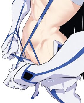 1girl artist_name bikini_pull black_hair cleft_of_venus clothes_pull commentary english_commentary garter_straps head_out_of_frame highres kill_la_kill kiryuuin_satsuki life_fiber living_clothes navel pulling_own_clothes pussy revealing_clothes signature solo standing stomach strikingtulip suspenders sweat thighhighs white_background white_thighhighs