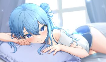 1girl blue_eyes blue_hair blue_shorts blush closed_mouth colored_eyelashes commentary eyelashes frilled_pillow frills fuyumichi hair_between_eyes hair_ribbon highres hololive hoshimachi_suisei indoors light_rays long_hair looking_at_viewer lying off_shoulder on_bed on_stomach pajamas pillow pov_across_bed ribbon shirt shorts smile solo star_(symbol) star_in_eye symbol_in_eye virtual_youtuber white_shirt window