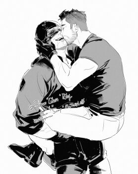 Rule 34 | 2boys, beard stubble, boots, call of duty, call of duty: modern warfare 2, carrying, carrying person, chanyuqianxin, character name, chinese commentary, closed eyes, commentary request, facial hair, ghost (modern warfare 2), gloves, greyscale, hand on another's face, highres, hood, hood down, hoodie, kiss, male focus, mask lift, mohawk, monochrome, multiple boys, open mouth, pants, shirt, short hair, short sleeves, sideburns, simple background, smile, soap (modern warfare 2), standing, stubble, t-shirt, teeth, twitter username, white background, yaoi