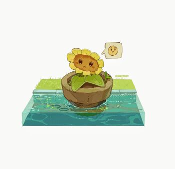 Rule 34 | artist name, black eyes, chinese commentary, closed mouth, commentary request, diorama, emoji, film grain, flower, flower pot, flower pot (plants vs. zombies), frown, grass, halftone, highres, hightguy, leaf, looking at viewer, looking down, no humans, plant, plants vs. zombies, simple background, soil, solid oval eyes, solo, speech bubble, spoken expression, sunflower, sunflower (plants vs. zombies), water, weeds, white background
