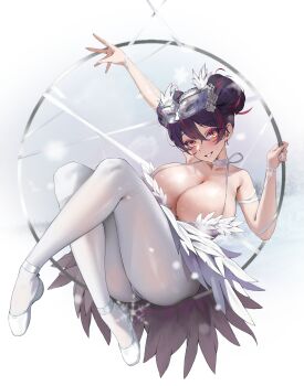 1girl absurdres ballerina black_hair breasts cameltoe cleavage commentary double_bun dress eye_mask goddess_of_victory:_nikke hair_between_eyes hair_bun highres huge_breasts knees_up long_hair looking_at_viewer mask mask_on_head multicolored_hair nankam76 official_alternate_costume orange_eyes pantyhose pink_eyes pink_hair quency_(escape_queen)_(masquerade_swan)_(nikke) quency_(nikke) shoes smile solo streaked_hair sweat teeth white_dress white_shoes