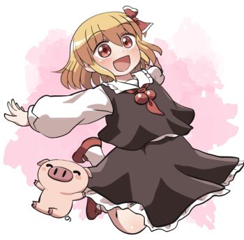 Rule 34 | 1girl, :d, ascot, black skirt, black vest, blonde hair, blush, collared shirt, commentary request, dot nose, frilled skirt, frills, full body, hair between eyes, long sleeves, open mouth, outstretched arms, pig, red ascot, red eyes, red shoes, rokugou daisuke, rumia, shirt, shoes, short hair, signature, skirt, skirt set, smile, socks, solo, spread arms, touhou, vest, white shirt, white socks