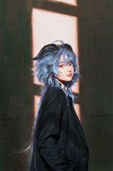 1girl black_jacket blue_eyes blue_hair buttons closed_mouth colored_eyelashes commentary english_commentary expressionless from_side ganyu_(genshin_impact) genshin_impact hair_between_eyes hand_in_pocket highres horns jacket long_hair long_sleeves looking_at_viewer looking_to_the_side nose pluvium_grandis realistic solo upper_body