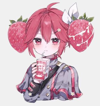 1girl :3 aegyo_sal ahoge buttons closed_mouth commentary cropped_torso dot_nose double-breasted drink_carton flower_hairpin food food-themed_hair_ornament fruit grey_jacket hair_between_eyes hair_ornament hairclip hand_up heart heart-shaped_pupils hiro_0607 holding holding_milk_carton jacket kasane_teto kasane_teto_(sv) light_smile long_sleeves looking_at_viewer milk milk_carton pink_hair pink_trim simple_background solo strawberry strawberry_hair_ornament strawberry_milk symbol-only_commentary symbol-shaped_pupils synthesizer_v translation_request upper_body utau white_background