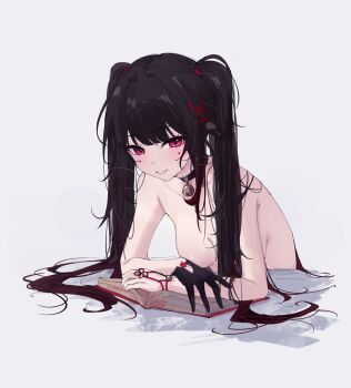 1girl bell belt_collar black_gloves black_hair book breasts circle_facial_mark collar commentary english_commentary feint721 gloves gradient_hair grey_background hair_bell hair_ornament highres honkai:_star_rail honkai_(series) hunched_over long_hair looking_at_viewer mark_under_both_eyes medium_breasts multicolored_hair neck_bell nude open_book parted_lips pink_eyes red_hair single_glove smile solo sparkle_(honkai:_star_rail) twintails