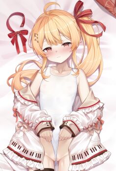 1girl absurdres ahoge bed_sheet blonde_hair blush brown_sailor_collar closed_mouth commentary_request covered_navel dakimakura_(medium) double-parted_bangs flat_chest fortissimo frilled_jacket frills hair_between_eyes hair_ornament hair_ribbon hairclip highres hololive hololive_dev_is jacket jacket_partially_removed long_hair looking_at_viewer lying musical_note musical_note_hair_ornament on_back one-piece_swimsuit otonose_kanade piano_print red_ribbon ribbon sailor_collar shimo_(shimo332215) side_ponytail sidelocks solo swimsuit virtual_youtuber wedgie white_jacket white_one-piece_swimsuit