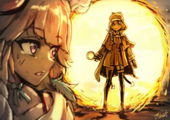 2girls avengers:_endgame avengers_(series) black_gloves black_thighhighs blonde_hair blue_eyes blurry blurry_foreground buru-dai commentary deerstalker earrings english_commentary garter_straps gloves hat high-waist_skirt holding holding_magnifying_glass hololive hololive_english jewelry magnifying_glass marvel marvel multiple_girls multiple_hats orange_hair parody portal_(object) purple_eyes short_hair signature skirt takanashi_kiara thighhighs virtual_youtuber watson_amelia