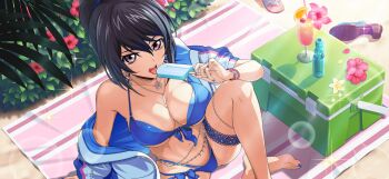 1girl bare_shoulders bikini black_hair blue_bikini blue_nails breasts cleavage code_geass code_geass:_boukoku_no_akito code_geass:_lost_stories collarbone f4samurai food highres ice_cream kousaka_ayano large_breasts looking_at_viewer nail_polish navel official_art open_mouth outdoors purple_eyes short_hair solo swimsuit
