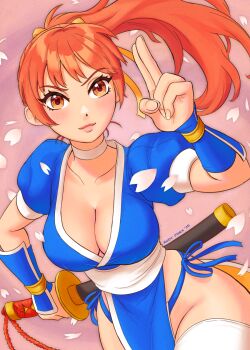 Rule 34 | 1girl, blue kimono, blush, breasts, choker, cleavage, closed eyes, closed mouth, collarbone, dated, dead or alive, falling petals, female focus, hair ribbon, highres, holding, holding sword, holding weapon, japanese clothes, kasumi (doa), kimono, large breasts, long hair, looking at viewer, matching hair/eyes, ninja, obi, orange eyes, orange hair, pelvic curtain, petals, ponytail, revealing clothes, ribbon, rudy mora, sash, scabbard, sheath, sheathed, signature, simple background, solo, sword, sword on back, team ninja, tecmo, thighhighs, wakizashi, weapon, weapon on back, white choker, white thighhighs, wide hips, yellow ribbon
