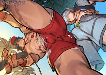 2boys bucket_hat bulge bulge_to_ass fish_hat from_below green_eyes grey_hair hat lighter_(zenless_zone_zero) male_focus male_underwear male_underwear_peek multiple_boys muscular muscular_male muscular_uke nipples official_alternate_costume red_shorts scar scar_on_arm scar_on_chest scar_on_leg short_hair shorts sunglasses underwear unworn_eyewear whistle whistle_around_neck wise_(peaceful_waves)_(zenless_zone_zero) wise_(zenless_zone_zero) yaoi zenless_zone_zero zl444y