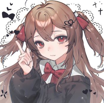 1girl ahoge ambermut black_cardigan bow bowtie broken_heart broken_heart_hair_ornament brown_hair cardigan closed_mouth commentary dress_shirt english_commentary evil_neuro-sama from_side hair_between_eyes hair_ornament hair_ribbon hand_up heart highres index_finger_raised long_hair long_sleeves looking_at_viewer neuro-sama off-shoulder_cardigan red_bow red_bowtie red_eyes red_ribbon ribbon shirt skull_hair_ornament solo two_side_up upper_body v-neck vedal_ai virtual_youtuber white_shirt
