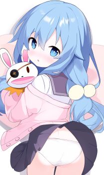 1girl absurdres ass bad_id bad_pixiv_id blue_eyes blue_hair blue_skirt blush cardigan clothes_lift commission dakimakura_(medium) date_a_live from_behind hand_puppet highres himekawa_yoshino loli long_hair looking_at_viewer looking_back lying off_shoulder on_stomach open_mouth panties pawrorikon pink_cardigan pixiv_commission pleated_skirt puppet school_uniform serafuku shirt skirt skirt_lift solo thighs twintails underwear white_panties white_shirt