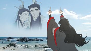 3boys beach bindi black_hair black_hanfu chinese_clothes closed_eyes corrupted_twitter_file double_middle_finger green_eyes hanfu highres korean_commentary long_hair long_sleeves looking_at_another luo_binghe male_focus middle_finger multiple_boys photo_background qwert021600 renzha_fanpai_zijiu_xitong ribbon ribboned_xiao_guan semi-transparent shen_jiu_(renzha_fanpai_zijiu_xitong) sky smile wide_sleeves xiao_guan_(headdress) yue_qingyuan