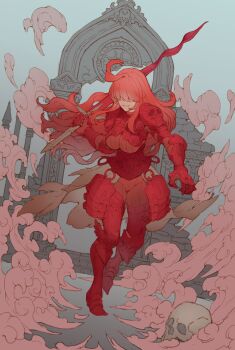 1girl absurdres ahoge armor armored_boots boots borrowed_character breasts commentary english_commentary facing_viewer faulds floating_hair gauntlets hair_over_eyes highres holding holding_sword holding_weapon knight large_breasts long_hair nrcgray original over_shoulder pauldrons plate_armor red_armor red_hair red_knight_(murgoten) ruins shoulder_armor skull skull_pauldron smile smoke solo sword weapon weapon_over_shoulder