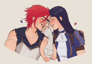 2girls absurdres arcane:_league_of_legends arcane_caitlyn arcane_vi bandaged_arm bandages black_hair breasts caitlyn_(league_of_legends) cass-a-rollie closed_eyes commentary ear_piercing english_commentary heart highres holding_hands interlocked_fingers league_of_legends long_hair medium_breasts multiple_girls muscular muscular_female parted_lips piercing red_hair short_hair smile vi_(league_of_legends) yuri