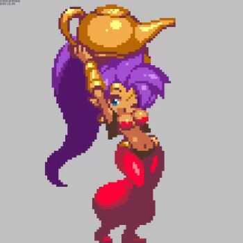 1girl animated armpits arms_up blue_eyes bouncing_breasts breasts cleavage curvy dancing dark-skinned_female dark_skin elf jiggle large_breasts legs long_hair looking_at_viewer midriff navel one_eye_closed open_mouth pixel_art pointy_ears ponytail purple_hair shantae shantae_(series) smile solo strapless thighs tongue tube_top video wide_hips wink