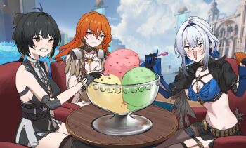 3girls augusta_(wuthering_waves) bare_shoulders black_bow black_gloves black_hair black_jacket black_pantyhose black_shorts black_thighhighs blue_bra blue_hair bow bra breasts cleavage colored_inner_hair commentary_request cropped_jacket earrings elbow_pads female_rover_(wuthering_waves) food galbrena_(wuthering_waves) gamcha game_screenshot_background gloves grey_hair grin hair_between_eyes hair_bow highres ice_cream jacket jewelry korean_commentary looking_at_viewer medium_breasts multicolored_hair multiple_girls navel open_mouth orange_hair pantyhose red_eyes rover_(wuthering_waves) screenshot_background shorts single_leg_pantyhose single_thighhigh smile stomach sun_earrings tacet_mark_(wuthering_waves) thighhighs thighs underwear wuthering_waves yellow_eyes